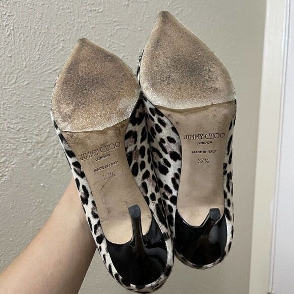 JIMMY CHOO Leopard Fur spotted Patent Point toe Pumps size 37.5 - Picture 4 of 11